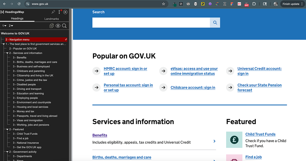 HeadingsMap visualizes the heading order and structure of GOV.uk’s home page