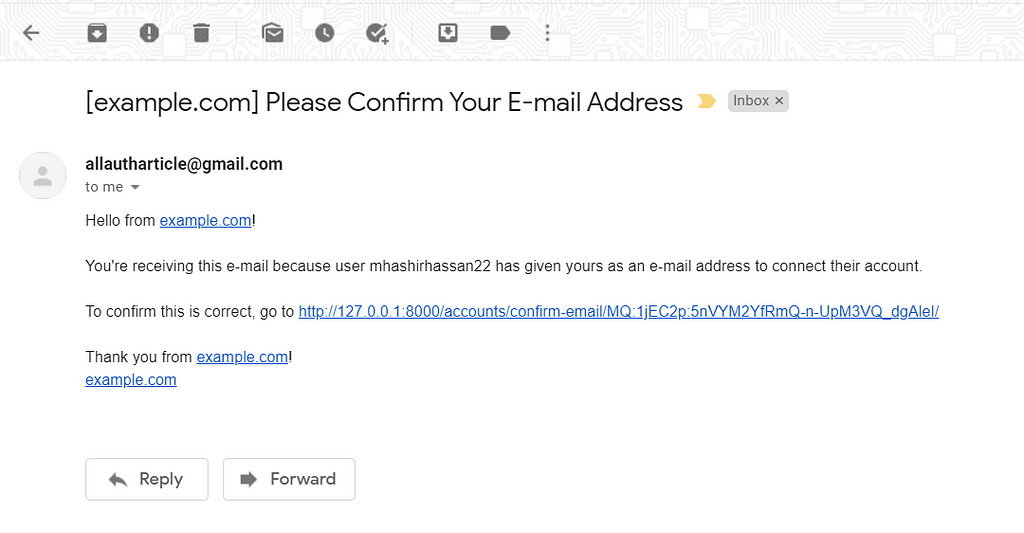 Authentication email sent by allauth after configuration