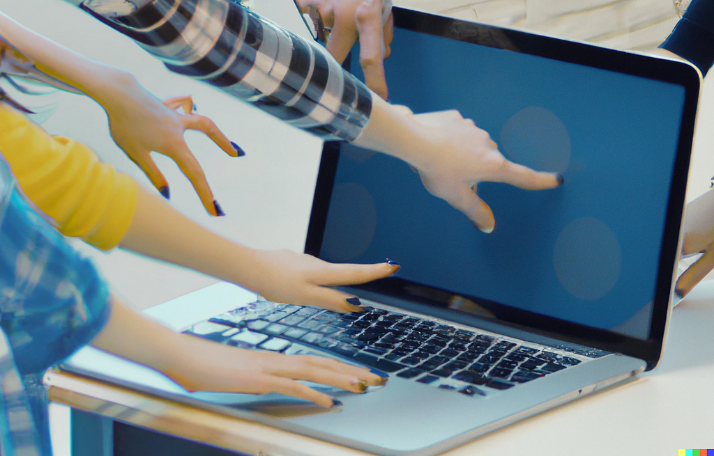 A Macbook that has a touchscreen and everybody is trying to touch.