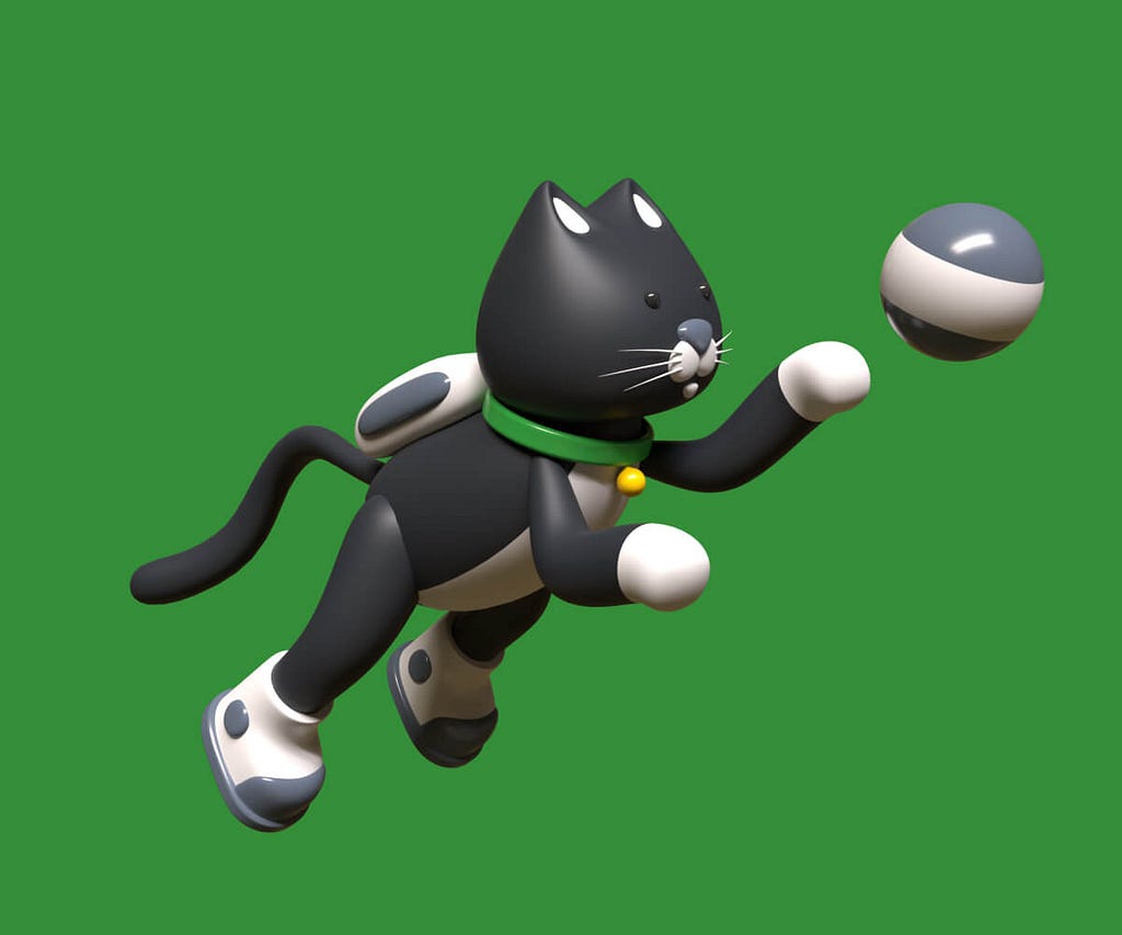 A 3D black cat chases a 3D ball through the air in front of a green background