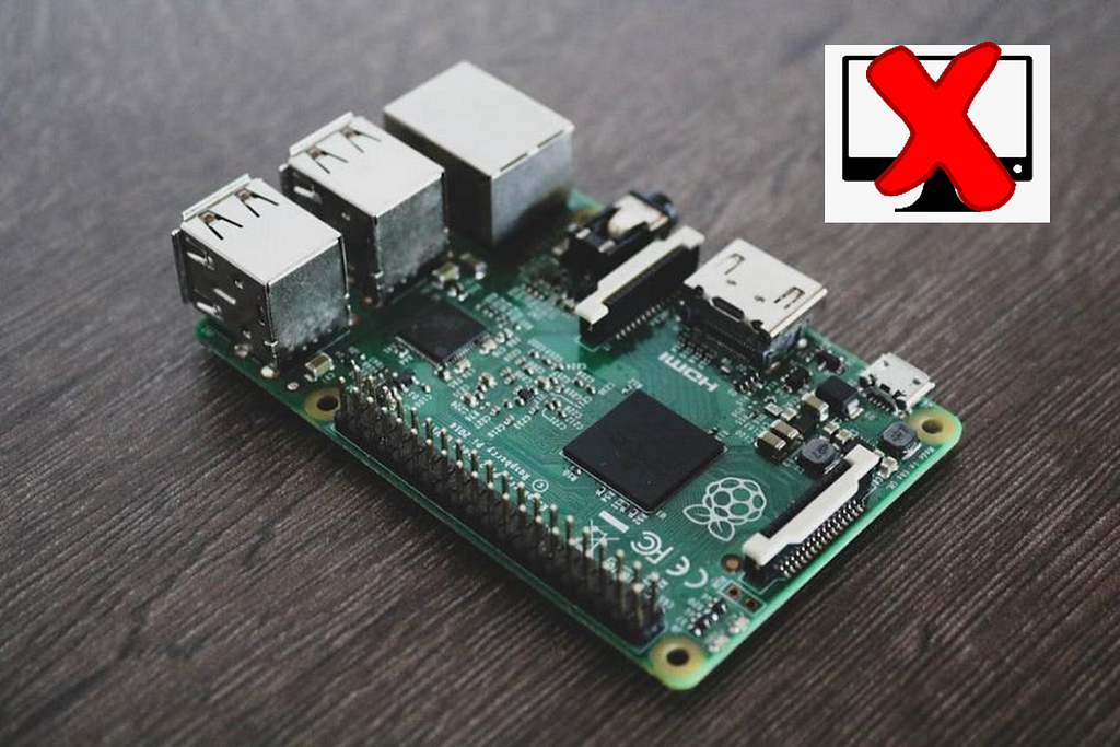 Raspberry Pi 4 with a small crossed monitor icon in the top right corner