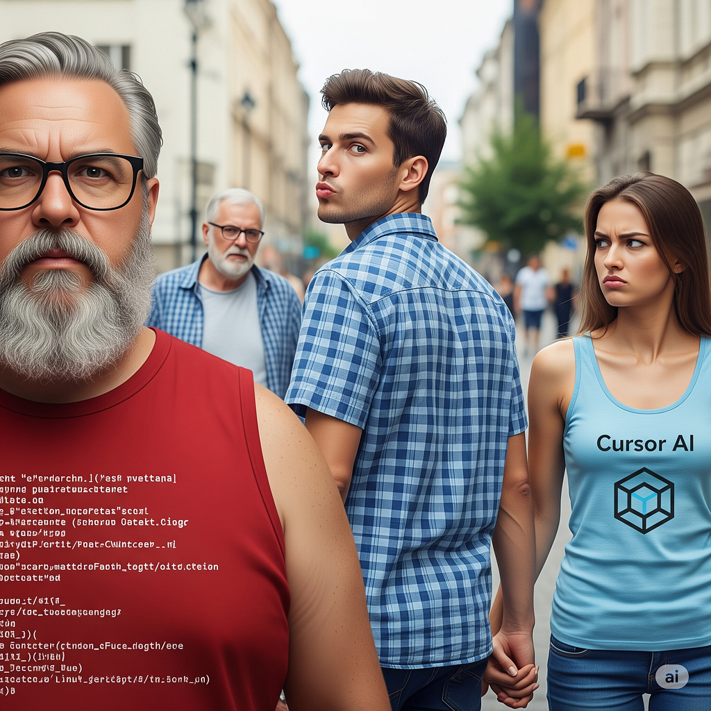 An AI-generated parody of the “distracted boyfriend” meme, where the boyfriend can’t help lingering a gaze upon a Linux command-line tee shirt