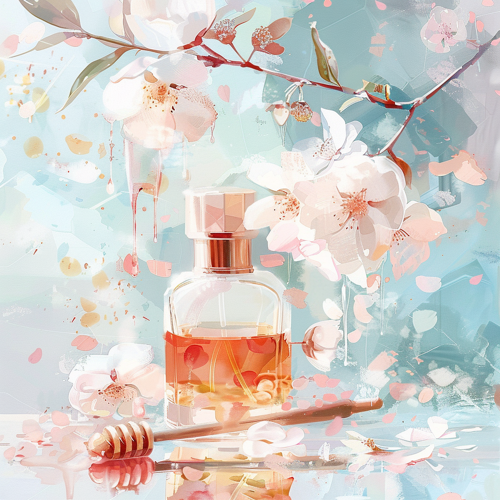 Gouache art, illustration of a bottle of purfume, honey, earl grey, flowers, dreamy pastel color palette , soft lighting