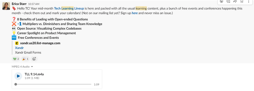 Slack post for a learning newsletter