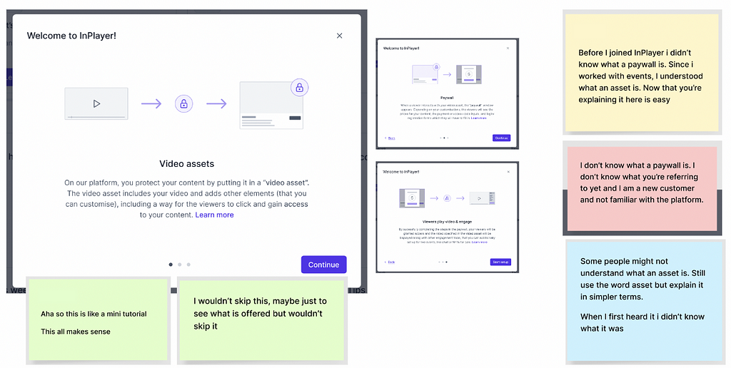 The welcome modal containing three separate steps to explain what is “video assets”, “paywall” and how the viewers gain access, along with sticky notes of customer’s reactions that they liked the modal and would not skip it.