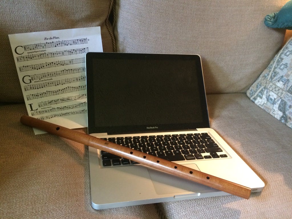renaissance flute, laptop, 16th-century music