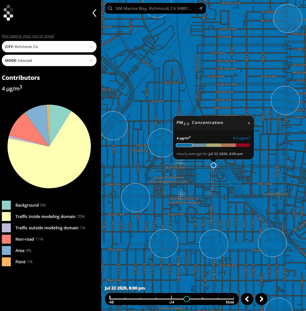 Shair Source Apportionment feature depicting a pie chart with source contribution percentages at a location on the map