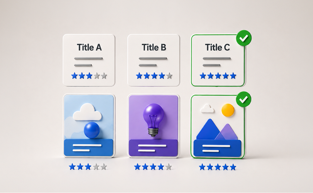Illustration representing a method for reviewing an article title and image.