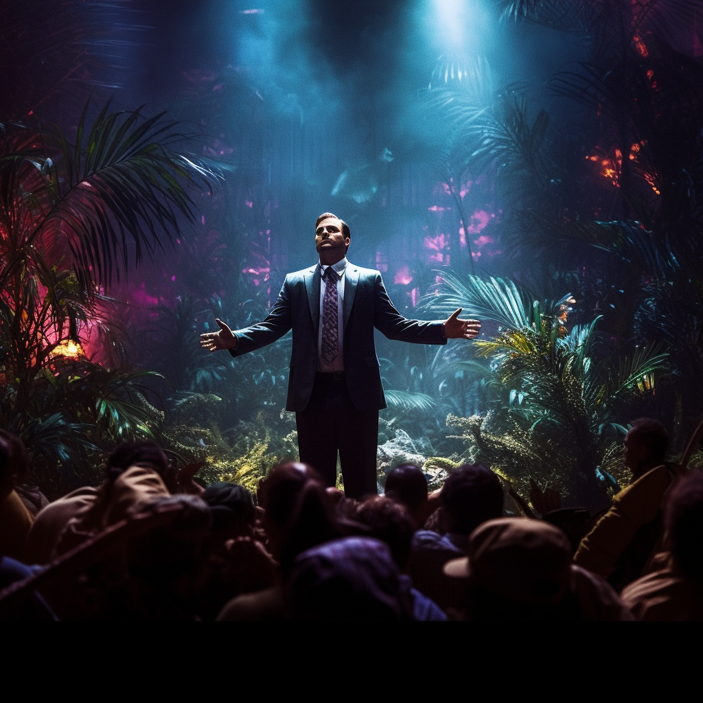 Man in a suit with arms outstretched, standing in front of a crowd, inside a dark cyber jungle, neon multicolor lights and multicolor smoke on the background, photorealistic, cinematic lighting, volumetric lights, highly detailed, extreme realism by lukibambuki