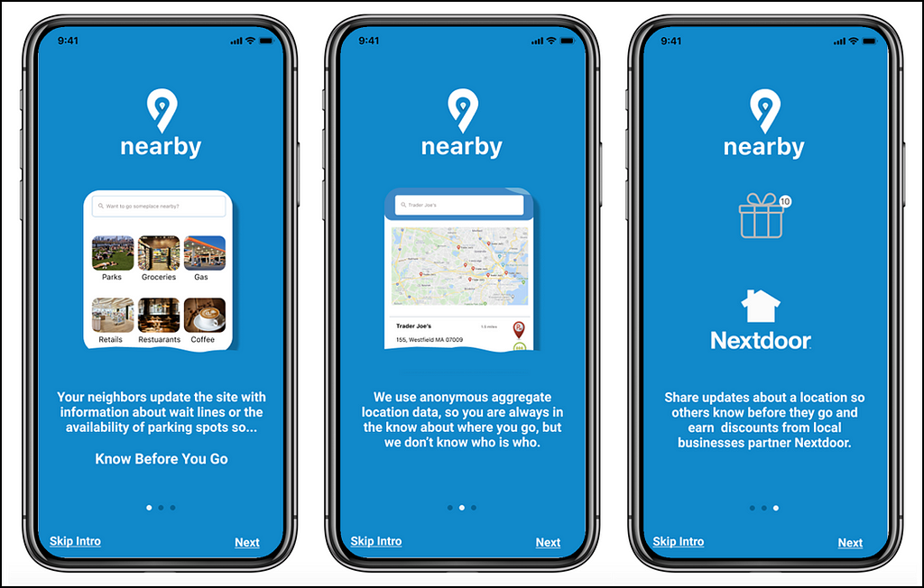 The Nearby Application onboarding screens Hi-Fi Prototype