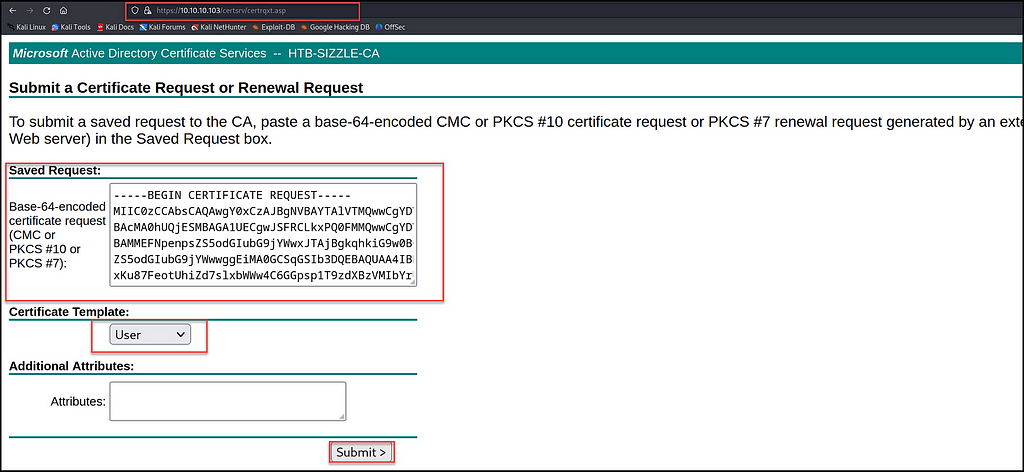 Figure 9 — shows the user pasting the base64 certificate request in the Saved Request field. R3dbuck3t