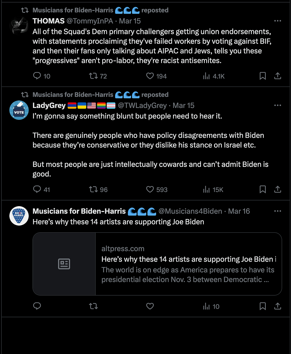 Screenshot of the first three tweets on @Musicians4Biden’s timeline