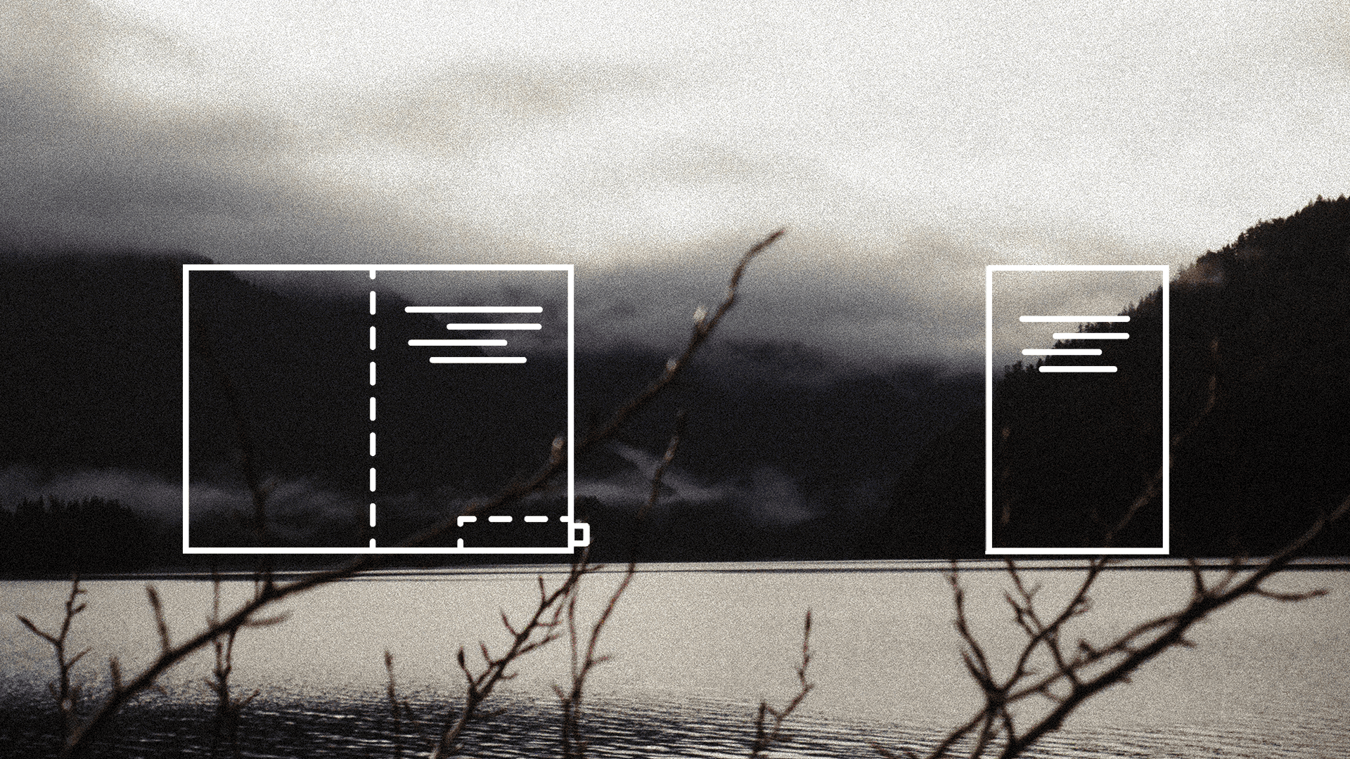Animated book sketches on a grainy image of a lake and clouds.