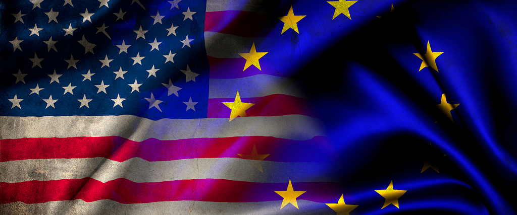 overlapping American and EU flag