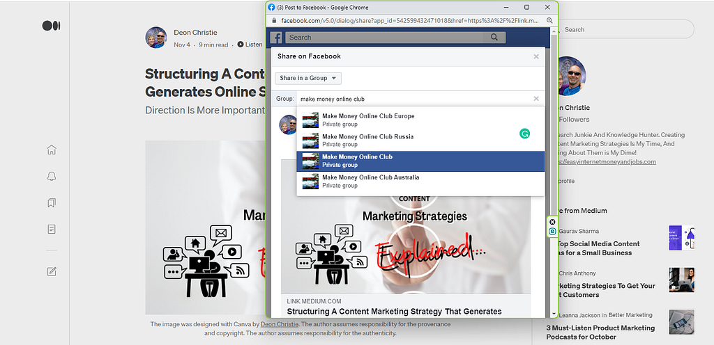 sharing medium publications with various facebook groups