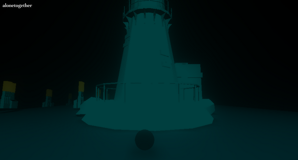 A screenshot of the player, a sphere, in front of a lighthouse.