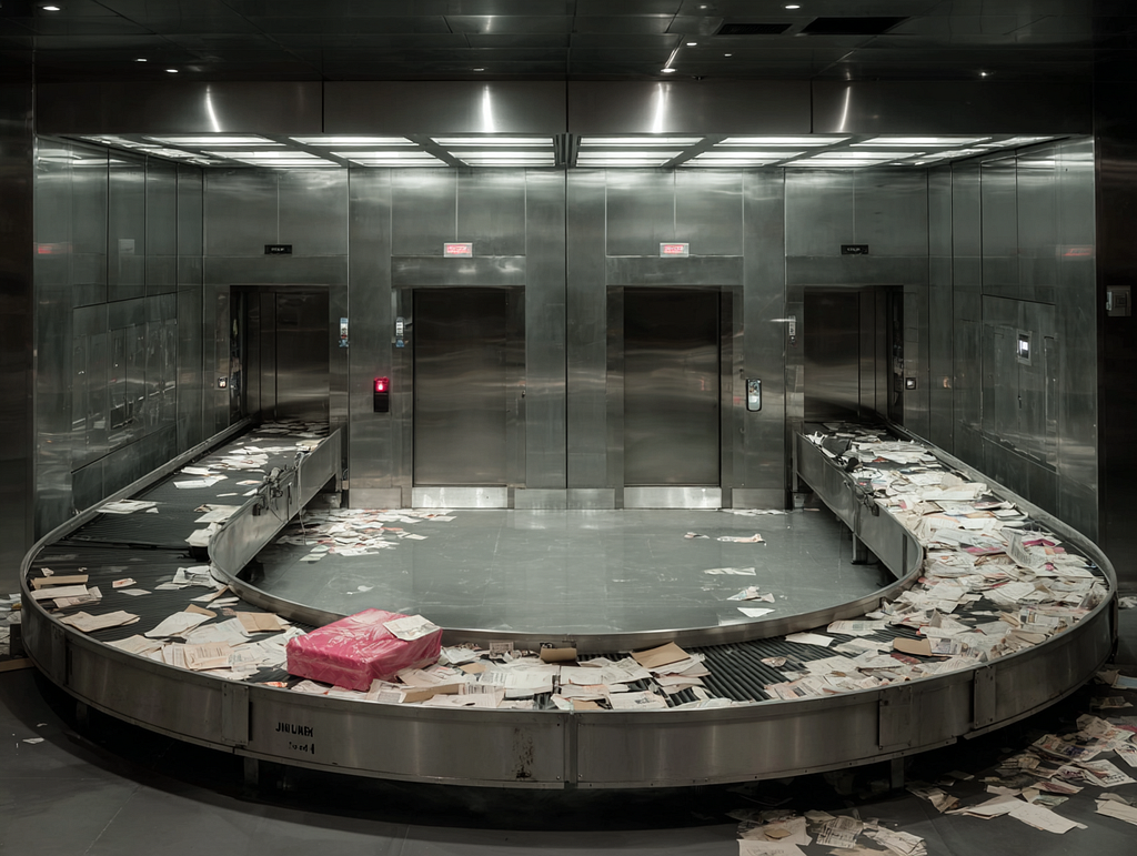 An AI-generated illustration of a circular airport baggage carousel overflowing with scattered documents and papers, closed steel doors lining the walls behind it — nothing claimed, nothing resolved.