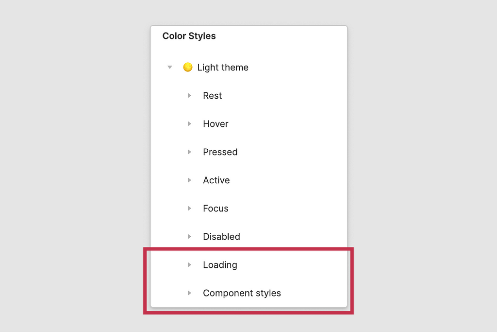 Figma UI Color Styles panel showing 8 folders called “Rest”, “Hover”,”Pressed”, “Active”, “Focus”, “Disabled”, “Loading”, and “Component styles.”
