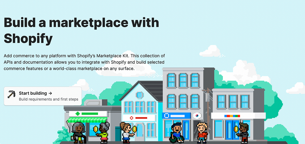 The Shopify Marketplace Kit for developers landing page, showing pixel-art people against a backdrop of different buildings and shop-fronts.
