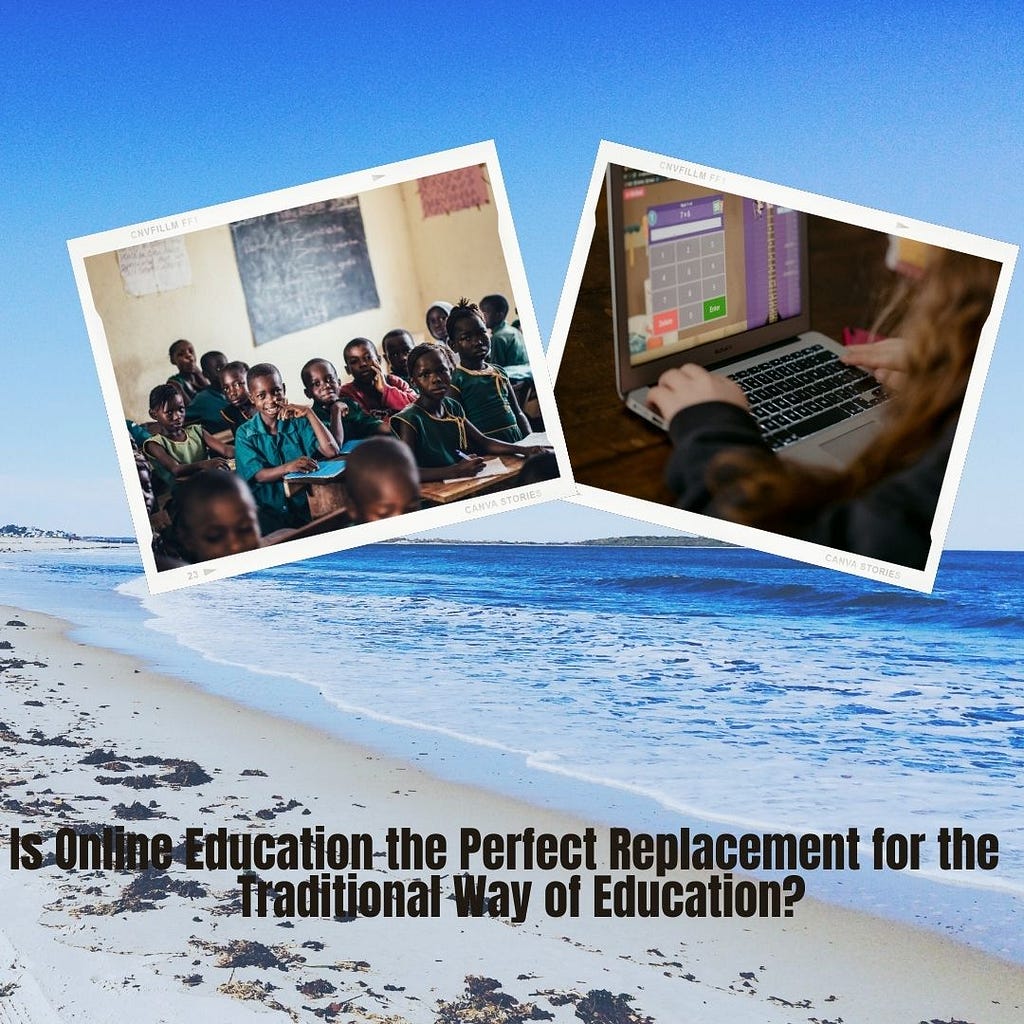 The pics of a traditional classroom and a girl on laptop, on beach background.