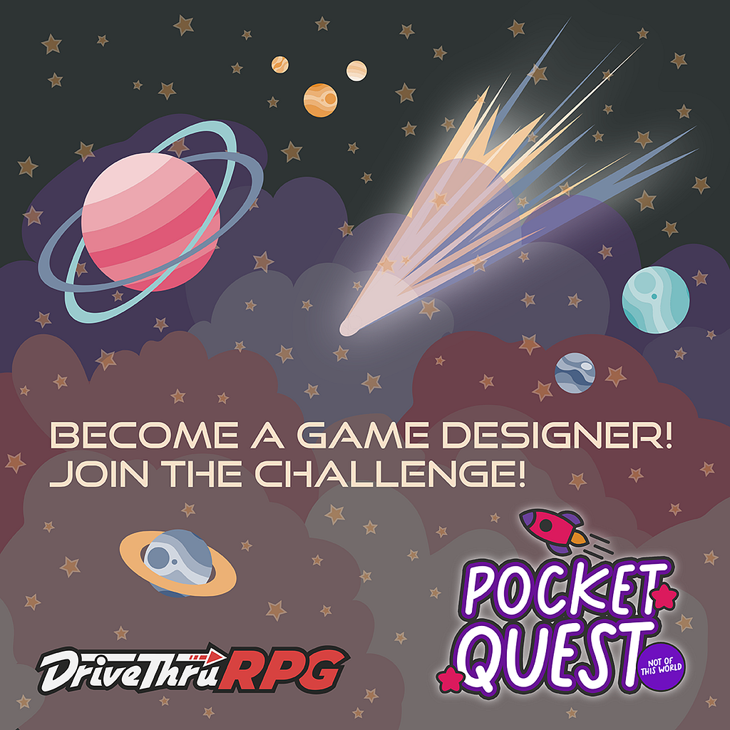 A pink Saturn with blue rings, a comet, and other planets against clouds with stars. Become a Game Designer! Join the Challenge! with Pocket Quest Logo.
