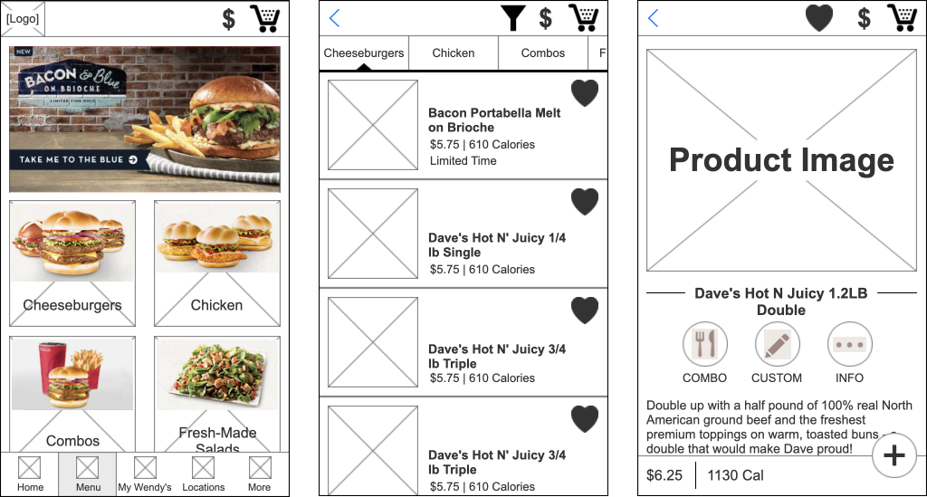 Wireframes of the menu and ordering experience