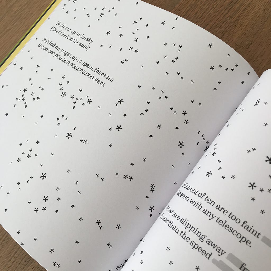 Book spread explaining the number of stars that would be behind the pages when you hold the book up to the sky