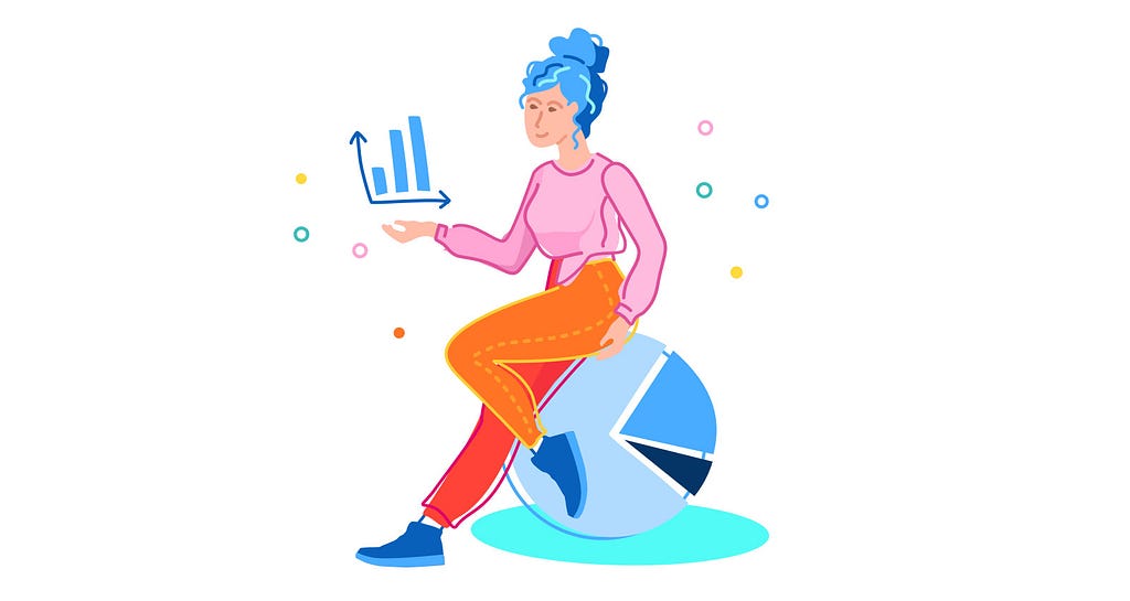 A colourful illustration of a woman who leans on a pie chart. She is in the middle of interpreting data, pointing towards another chart.