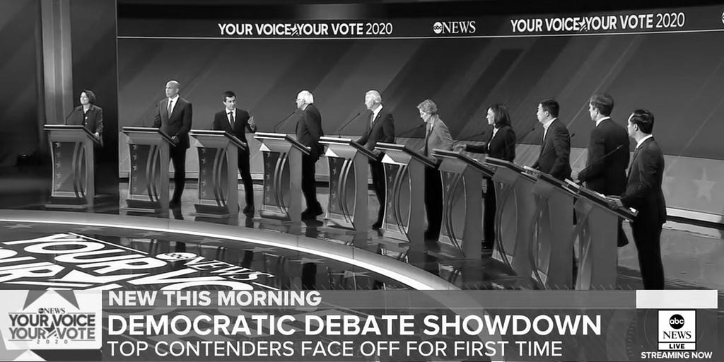 A screenshot of the third Democratic Primary Debate on ABC.