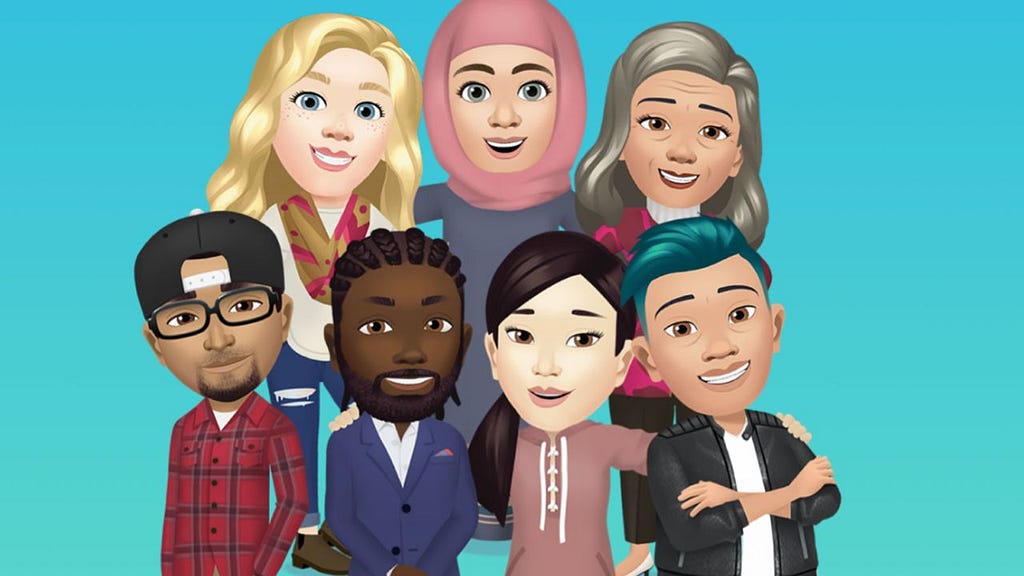 Facebook avatar of 7 people of different skin colors, gender and religion.
