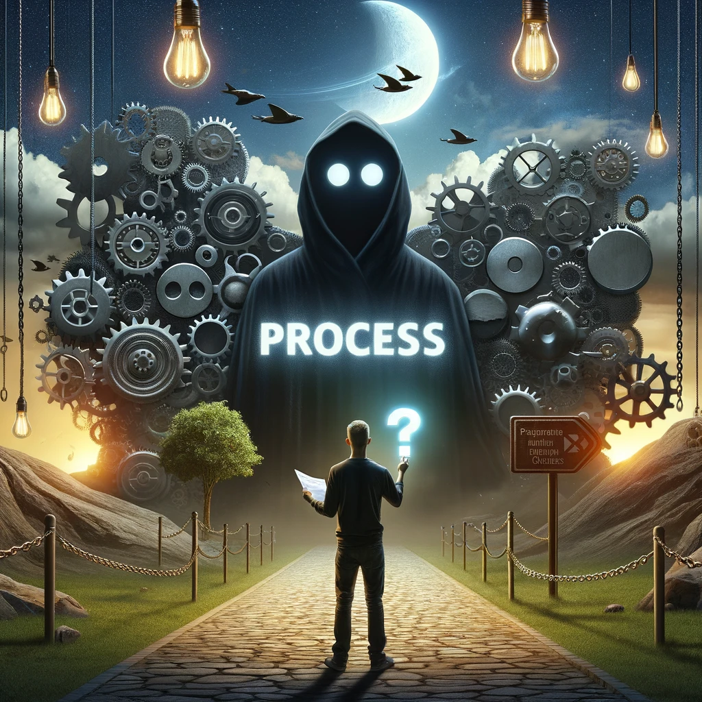 A developer standing at the start of a path, holding a document and a question mark. An imposing visage is in front of them, labeled process.