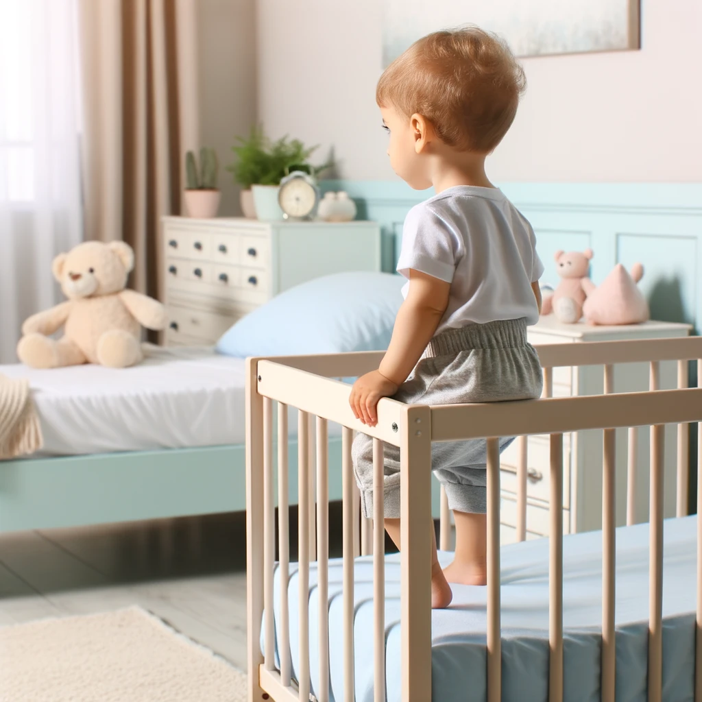 Curious toddler contemplating the move from crib to a new bed in a pastel-themed room