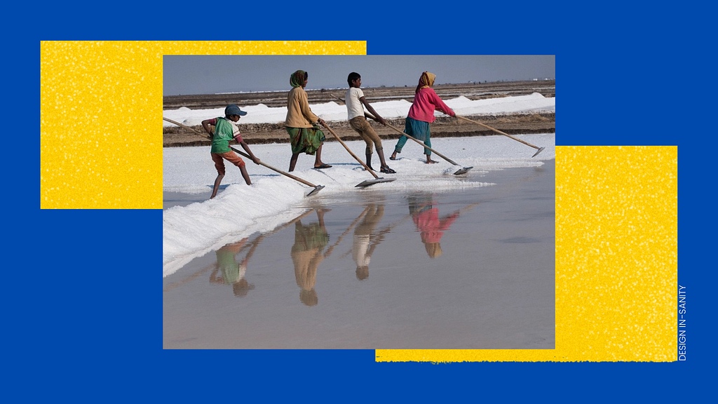 Image showing a group of Agariyas scraping salt with heavy wooden rakes.