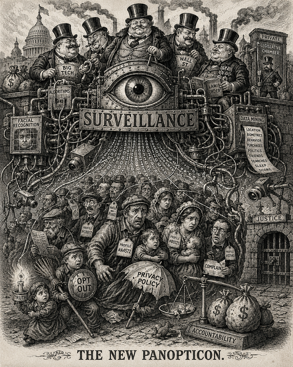 An AI-generated old-timey political cartoon showing the lopsided power dynamics of observability enjoyed by the wealthy ruling class while workers struggle to hold power to account.