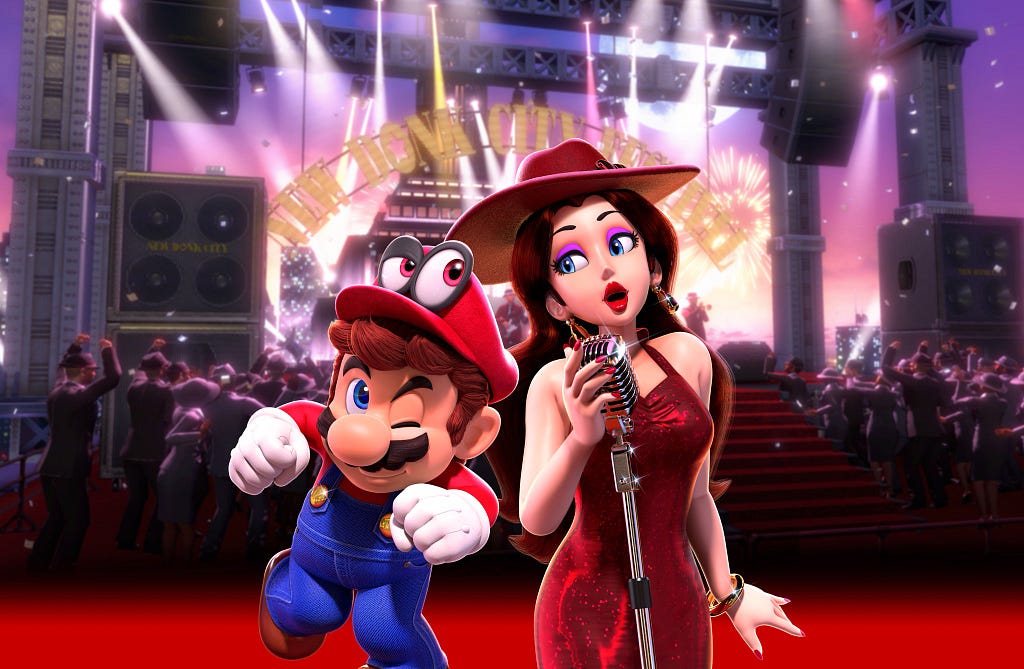 Mario wears a hat with eyes and stands next to a woman in a red dress with a microphone.