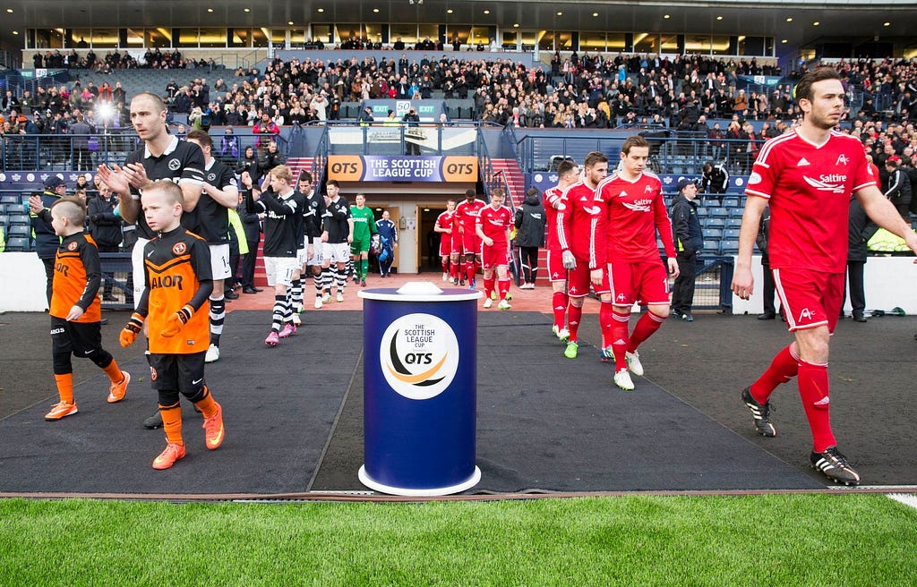 Aberdeen and Dundee United lineups coming out of the tunnel for the 2015 Scottish League Cup semi-final