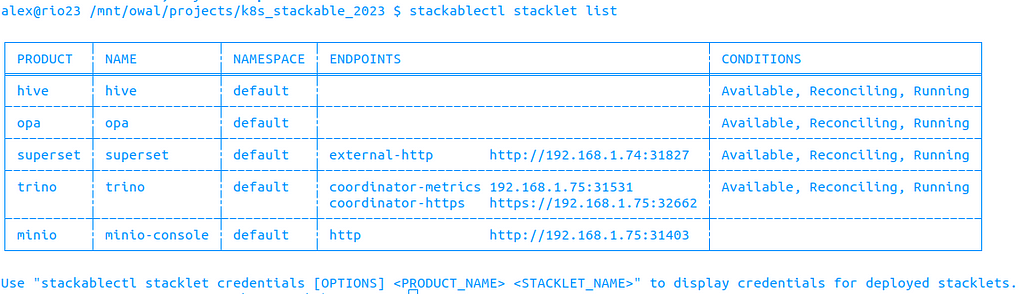 the results from a stackablectl command to list the public endpoints
