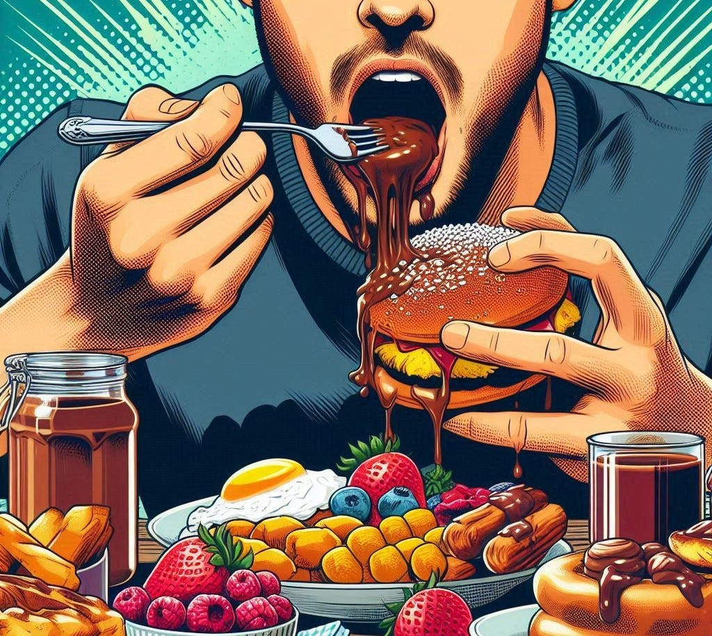 A man gulping down a wholesome sweet meal with a table full of food