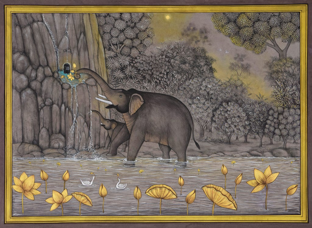 Modern Pichwai Paintings: Elephant Devotion Pichwai showcasing Krishna with majestic elephants in a vibrant scene.