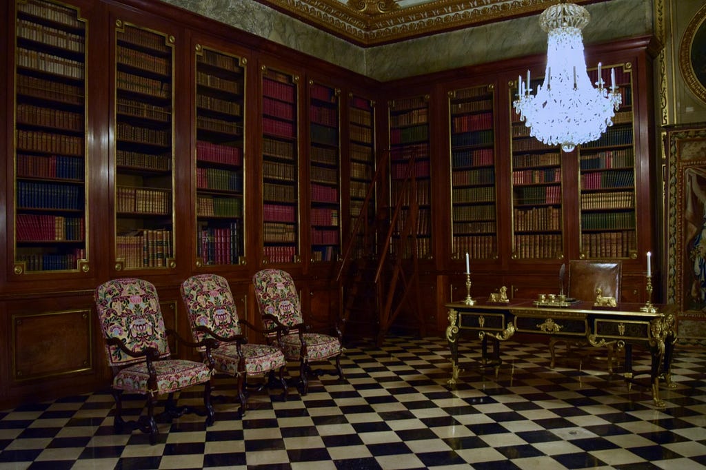 The library in the Château de Vaux-le-Vicomte, complete with a black-and-white checkered floor.