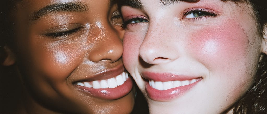 Two models with glowing skin smile for the camera — professional looking shoot photography created by the author, using Midjourney AI