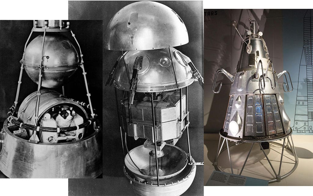 ”Picture of the first artificial satellite, Sputnik, with the dog Laika in the foreground”