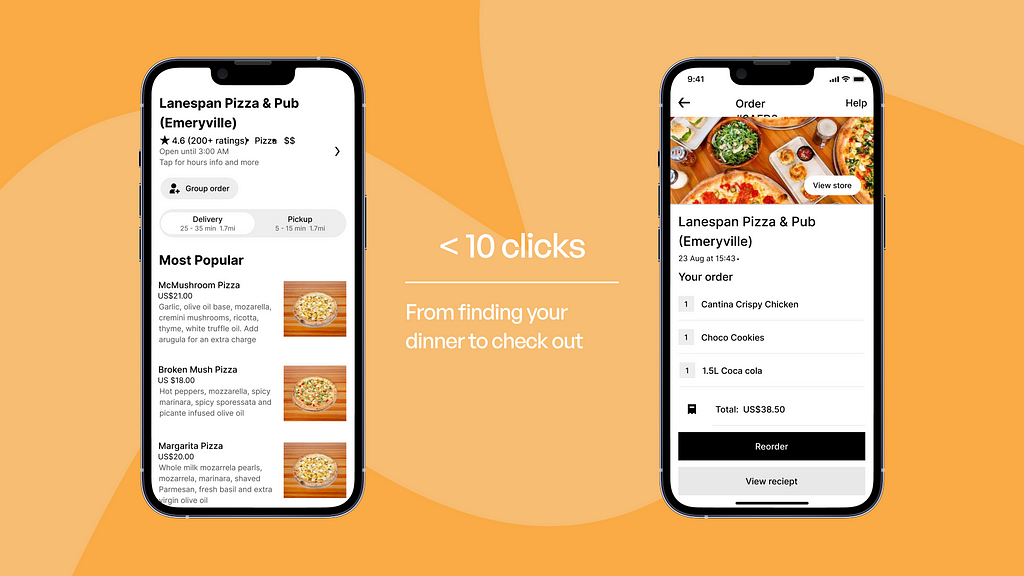 Two Uber Eats screens showing it takes a few clicks to go from finding your dinner to check-out.