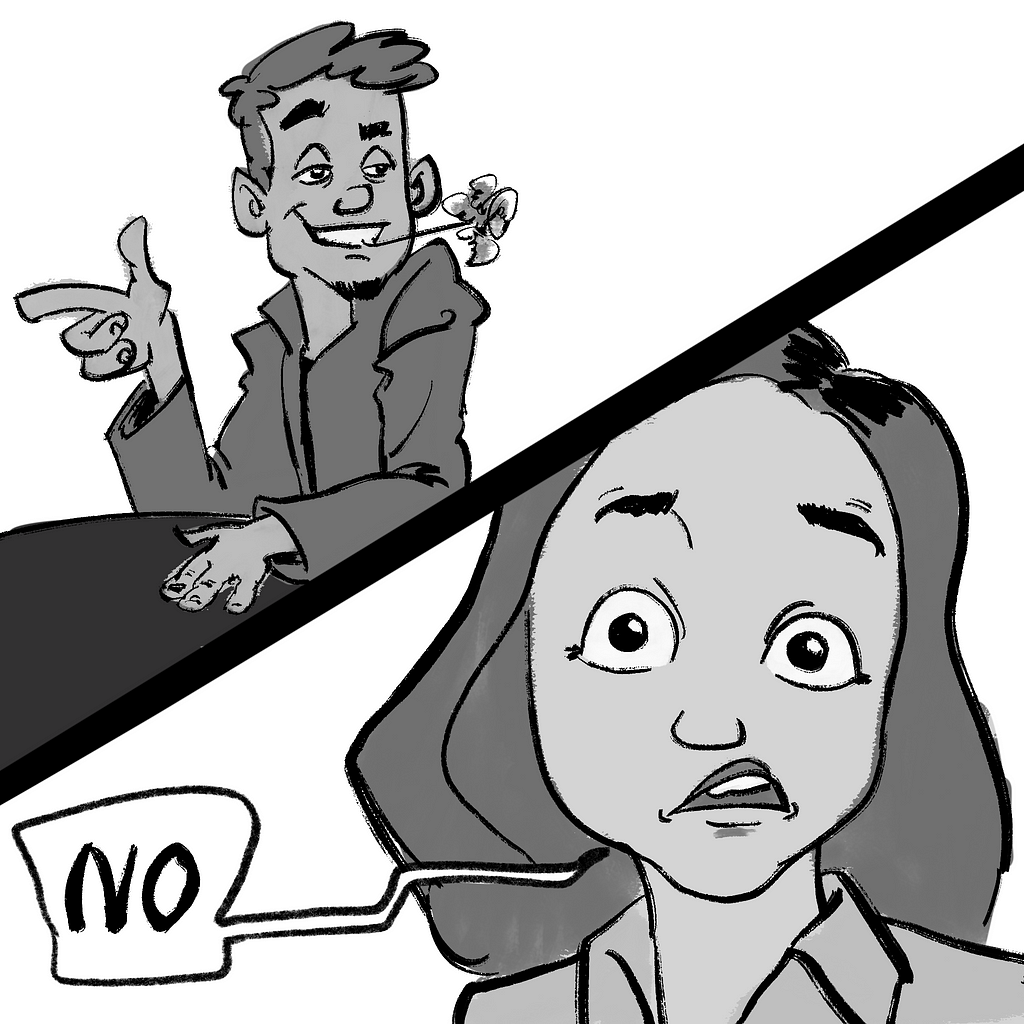 Our researcher in a field test encountering a situation beyond usability testing, represented by a man proposing a date, and politely rejecting him with a ‘no’