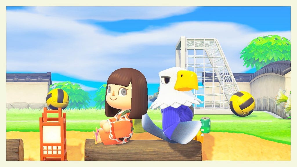 Hannah’s Animal Crossing character sits back-to-back with Apollo, an anthropomorphic eagle in a pinstripe suit jacket.
