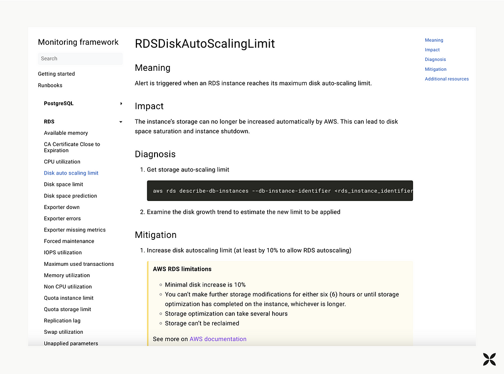 Screenshot of the RDS disk autoscaling limit alert runbook