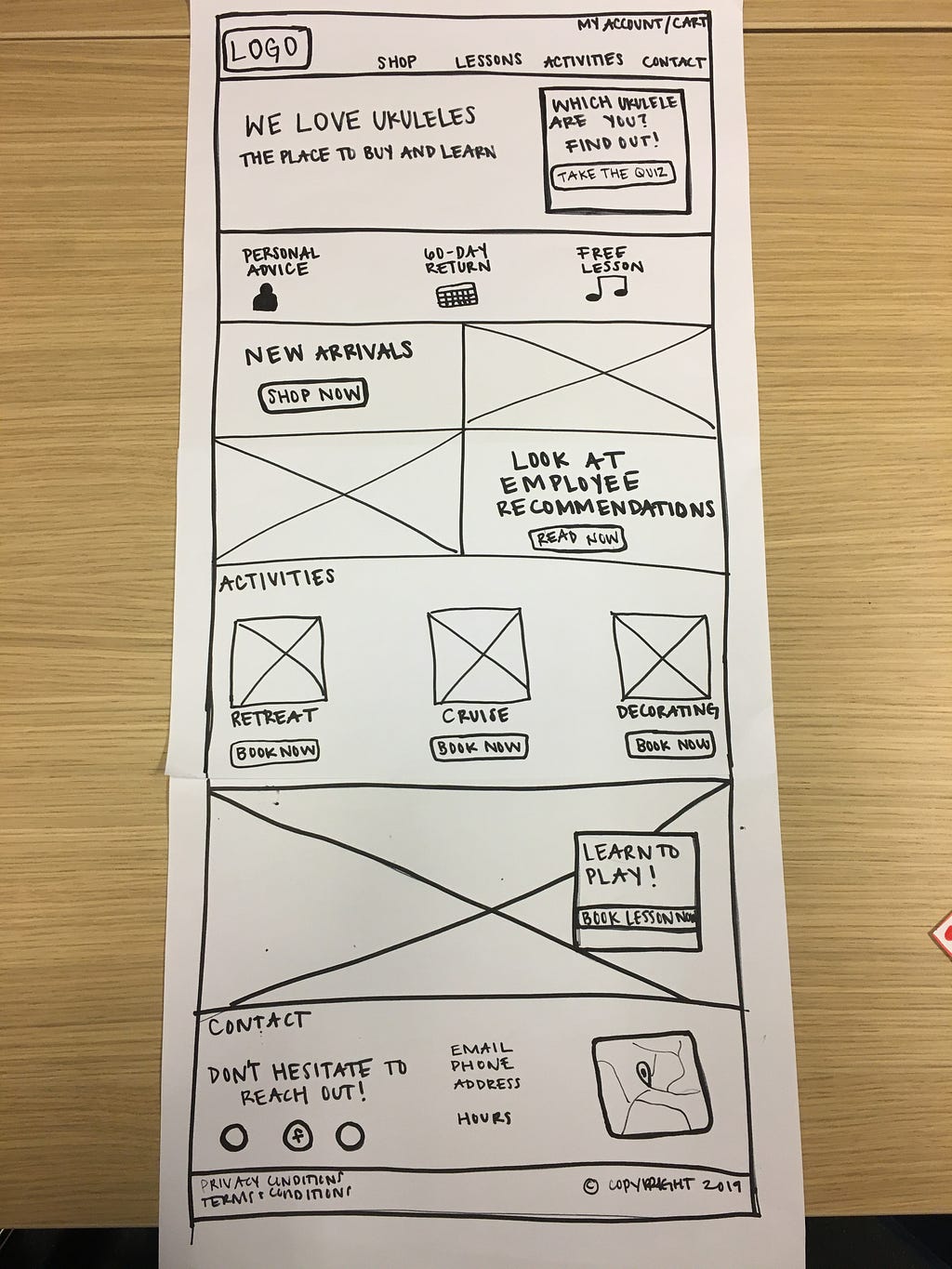 Paper prototype of the homepage.
