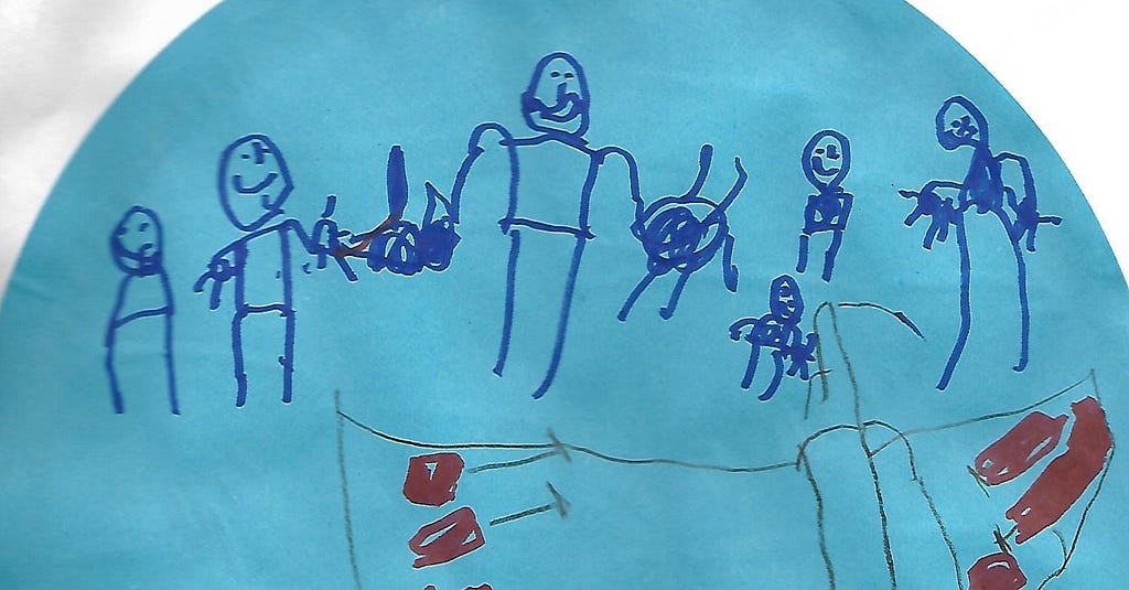 Children’s drawing of a family on a cruise ship.