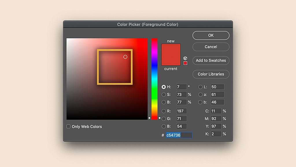 Photoshop color picker with an area highlighted in a yellow dashed line