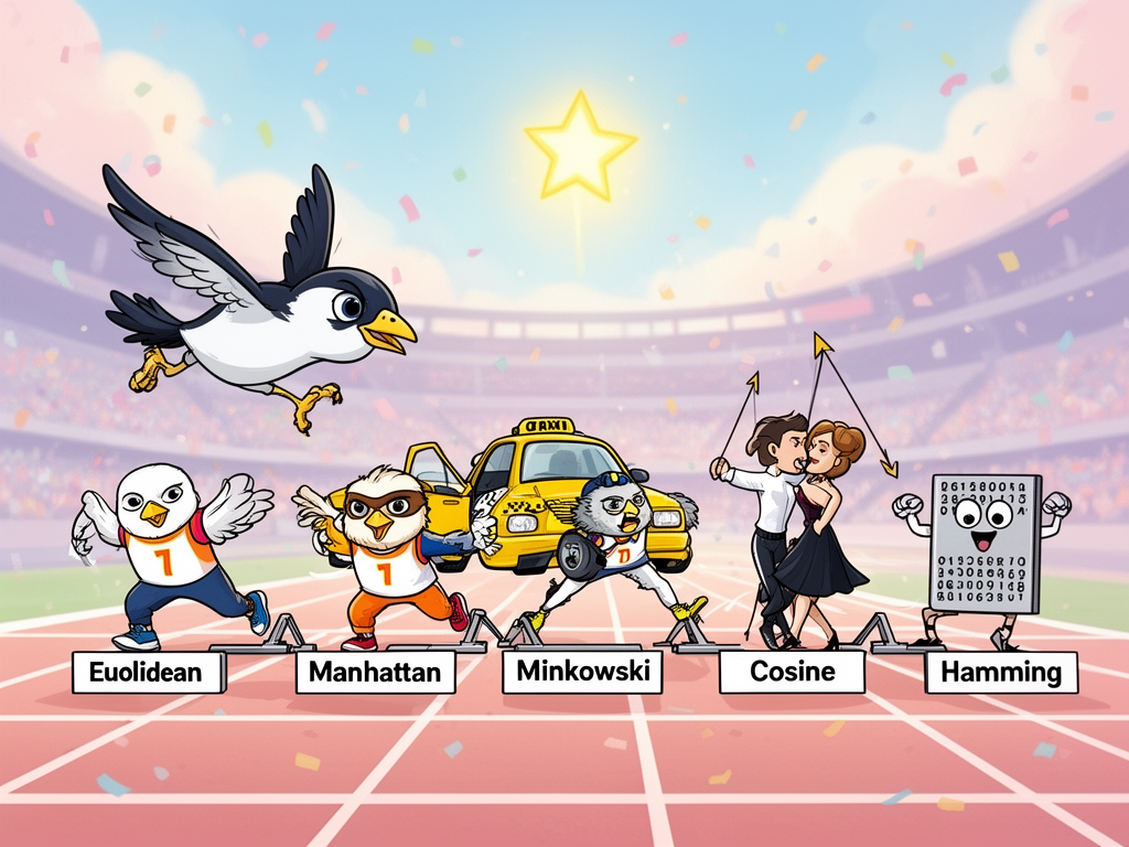 Cartoon athletic mascots representing five different distance metrics racing toward a glowing query star at a starting line